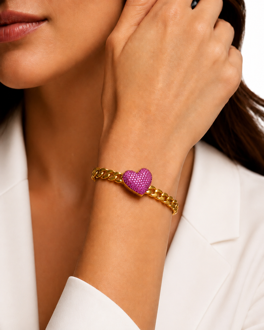 Pulsera cubana corazon rosa oro 10k